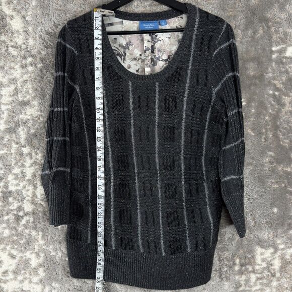Simply Vera Wang Size M Striped Floral Shimmer Metallic Sweater Gray 3/4 Sleeve - Picture 2 of 9